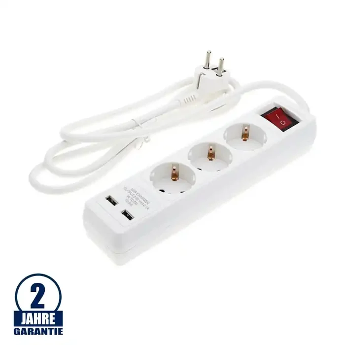 Steckdosenleiste 3-fach 1,5m Kabel 16A mit Schalter u. USB-Anschluss