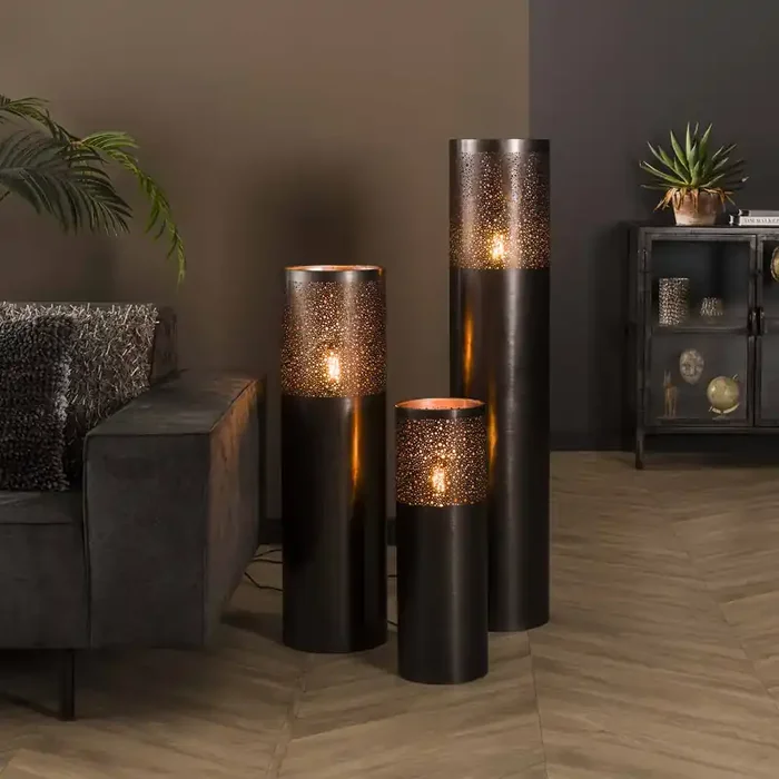 Stehlampe Industrial Zylinder Schwarz Nickel in drei Größen
