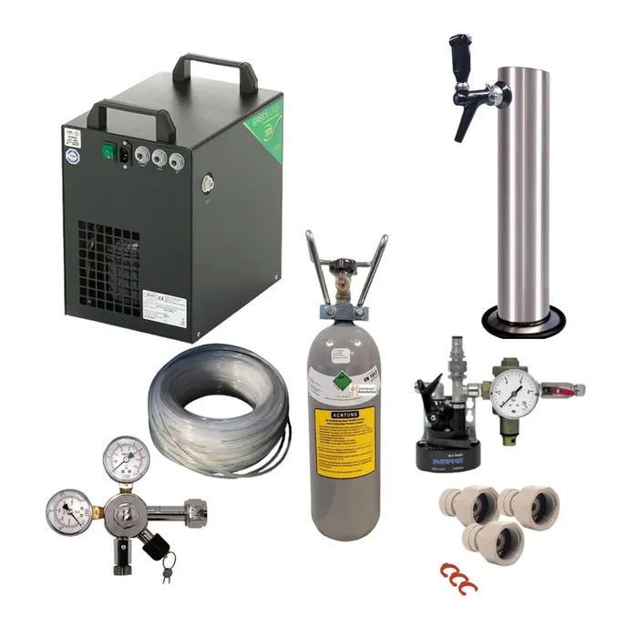 Under-counter device for chilled sparkling water and still water, complete set with mixer tap, filter, cartridge, pressure reducer, hoses and screw connections, 2kg Co2