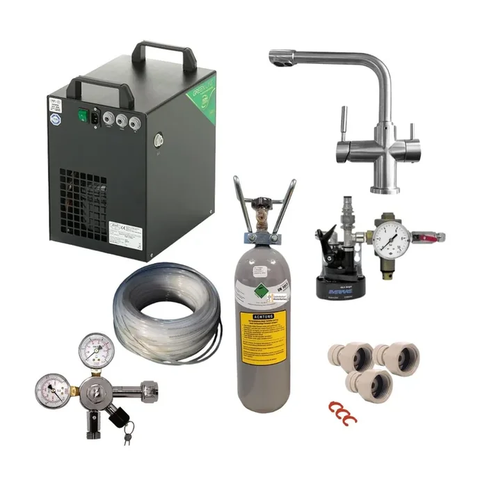 Under-counter device for chilled sparkling water and still water, complete set with mixer tap, filter, cartridge, pressure reducer, hoses and screw connections, 2kg Co2