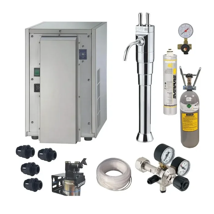 Under-counter table water system with Blupura Box 30 and Aqua Column 3-line