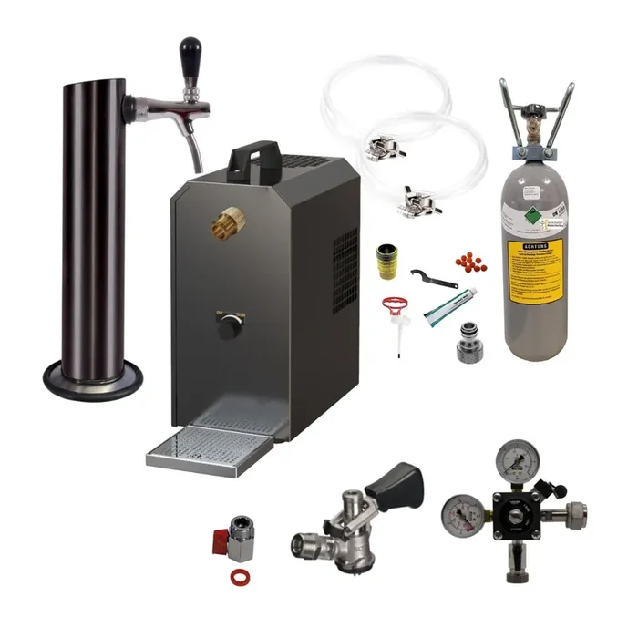 Untertheke Zapfanlage 35l mit Edelstahl Schwarzer Schanksäule, Kompensatorschankhahn, CO², Uhr, Schläuchen und Keg Köpikeg(D) 2kg + Reinigungsset