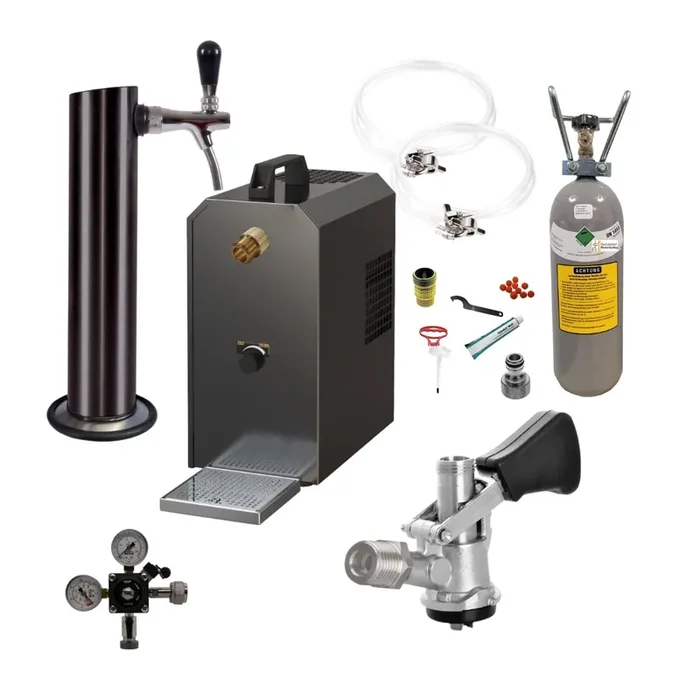 Untertheke Zapfanlage 35l mit Edelstahl Schwarzer Schanksäule, Kompensatorschankhahn, CO², Uhr, Schläuchen und Keg Korbkeg(S) 2kg + Reinigungsset