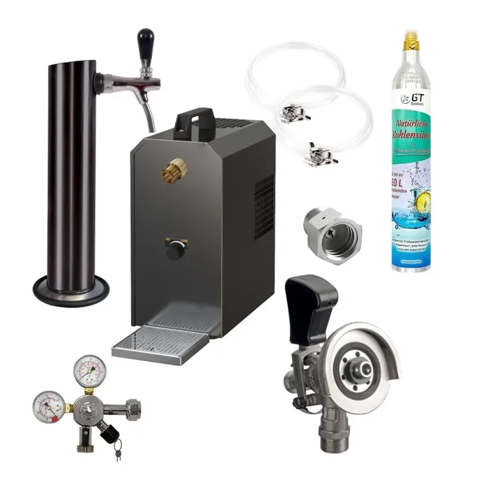 Untertheke Zapfanlage 35l mit Edelstahl Schwarzer Schanksäule, Kompensatorschankhahn, CO², Uhr, Schläuchen und Keg Kombikeg(M) 425g Soda