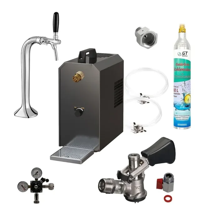 Untertheke Zapfanlage 35l mit Schanksäule Classic, Kompensatorschankhahn, CO², Uhr, Schläuchen und Keg Köpikeg(D) 425g Soda