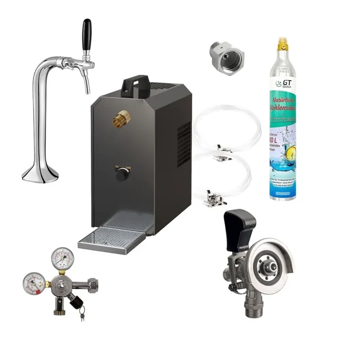 Untertheke Zapfanlage 35l mit Schanksäule Classic, Kompensatorschankhahn, CO², Uhr, Schläuchen und Keg Kombikeg(M) 425g Soda
