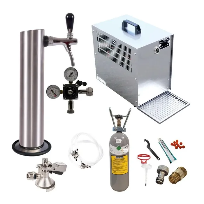 Untertheken – Zapfanlage 60l mit Edelstahl Schanksäule, Kompensatorschankhahn, CO², Uhr, Schläuchen und Keg