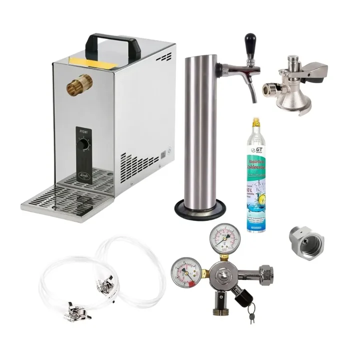 Untertheken Zapfanlage 35l mit Edelstahl Schanksäule, Kompensatorschankhahn, CO², Uhr, Schläuchen und Keg