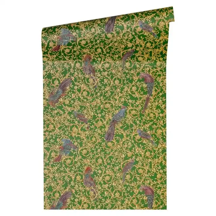 Versace wallpaper Vliestapete Barocco Birds Barocktapete mit Vögeln gold, grün, violett