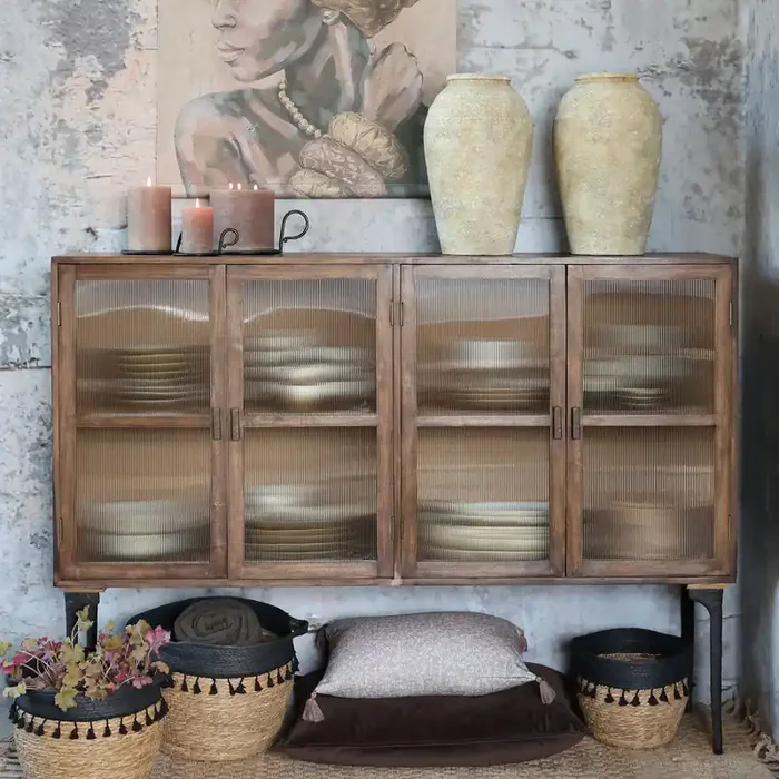 Vintage Vitrine Sideboard Antoine Holz Metall geripptes Glas