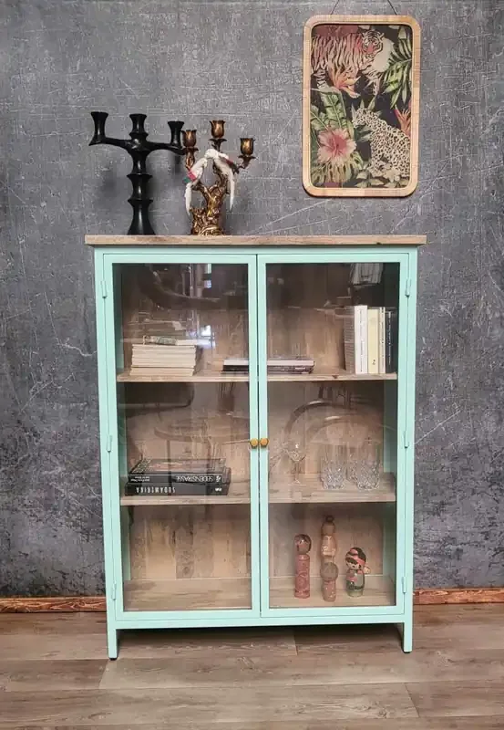 Vitrine Provence Vintage Metallkorpus Holz Azure 130