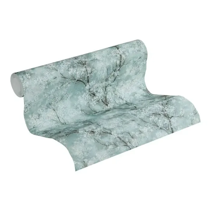 Vliestapete Kirschblüten Baum Natur Tapete Äste Wald floral modern Türkis Grün New Walls