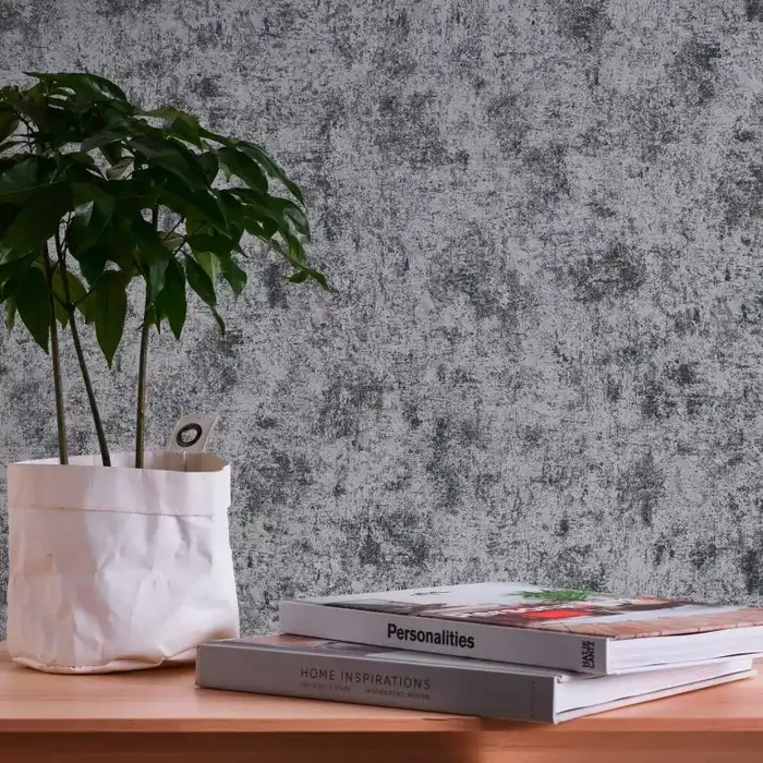 Vliestapete Silber Schwarz – Metallic-Tapete in Putzoptik – Industrial Stil für Wohnzimmer