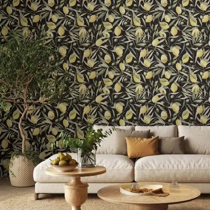 Vliestapete Zitronen, Blätter Floral Natur matt in Schwarz