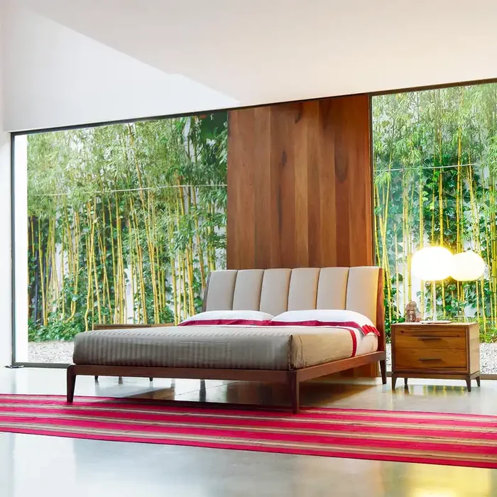 Walnussholzbett VERSO NORD von Dale Italia – Natürliches Walnussholz / Bett B 170 x L 227 (cm) / Vertikale Lederpolsterung