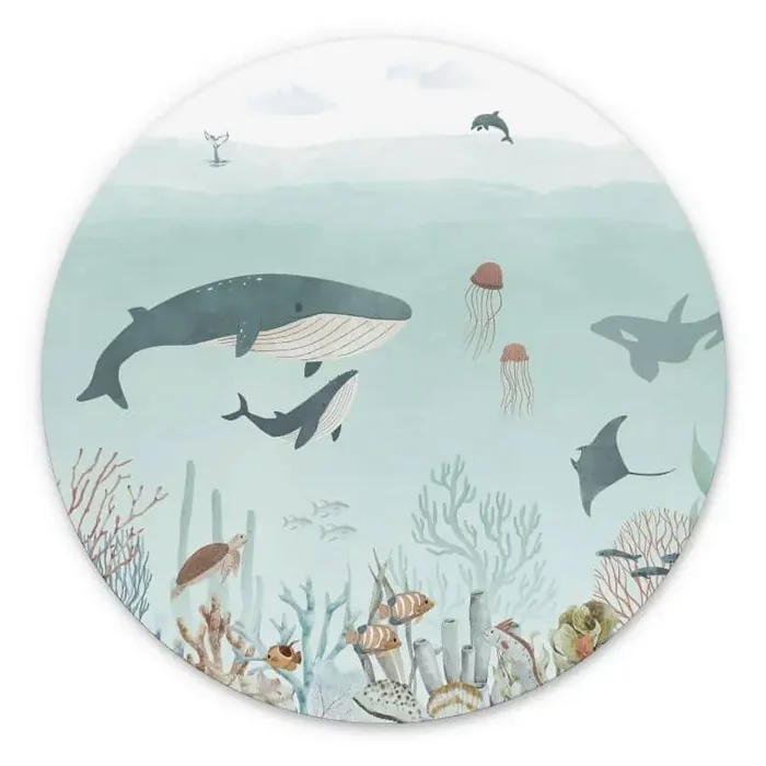 Wandbild Unterwasser-Abenteuer mit Meerestieren – Blau – Oliver Robins – Alu-Dibond Rund