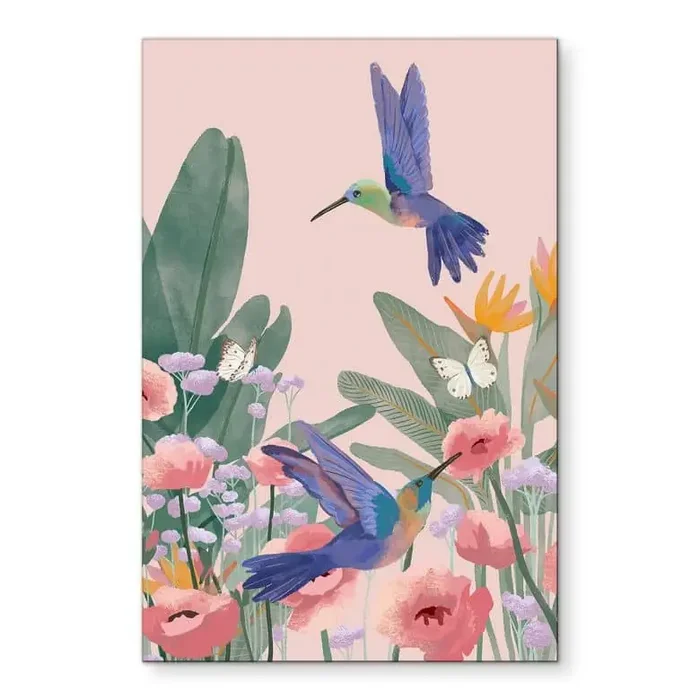 Wandbild Zwei Kolibris auf der bunten Blumenwiese – Goed Blauw – Alu-Dibond