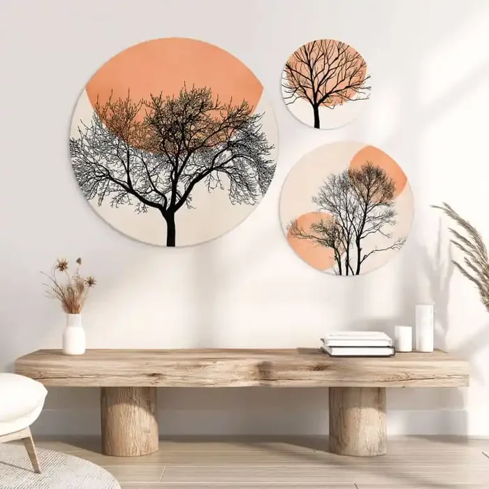 Wandbilder-Set Kubistika – Warmer Sonnenuntergang in Pfirsichfarben (3-teilig) – Alu-Dibond – Rund