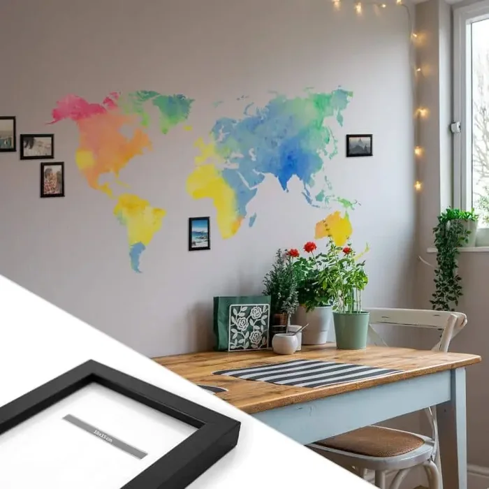 Wandtattoo Aquarell Weltkarte inkl. 5 Bilderrahmen