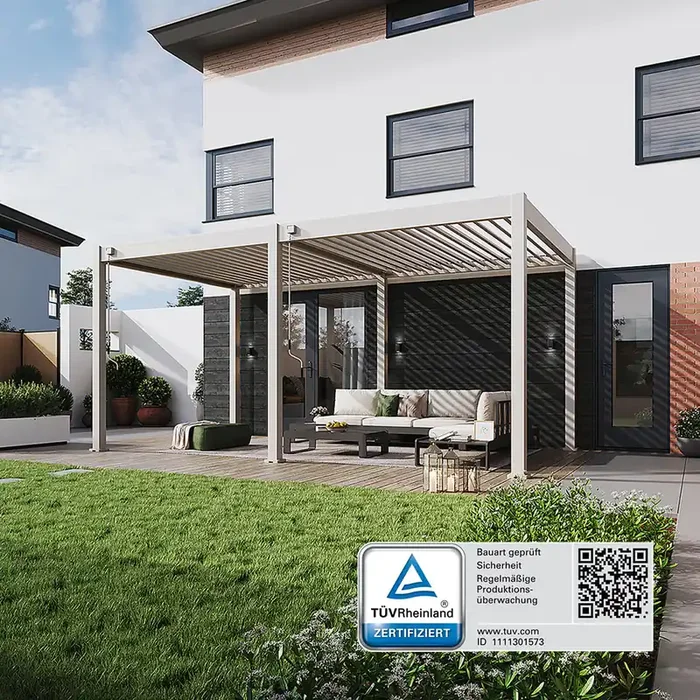 Weide Classic Pergola Aluminium freistehend 3 x 5,3 M Lamellendach Ivory Sand