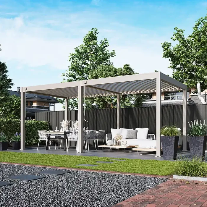 Weide Deluxe Pergola Voll Aluminium freistehend 3 x 6 M Lamellendach Ivory Sand