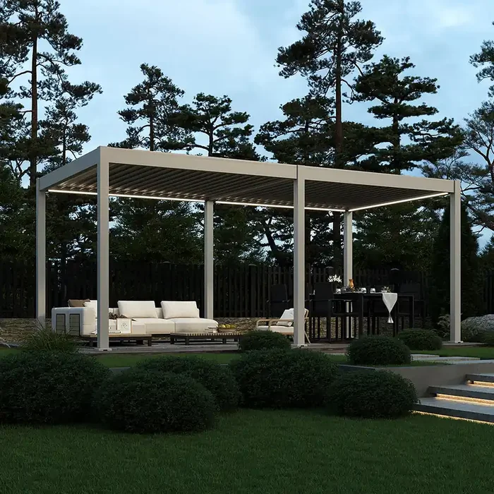 Weide E-Deluxe elektrische Pergola mit LED Voll Aluminium 3 x 6 M motorisiertes Lamellendach Ivory Sand