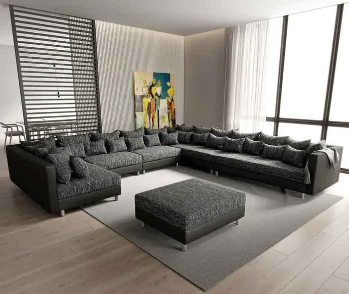 Wohnlandschaft Clovis XXL Schwarz Modular Hocker Ottomane Rechts